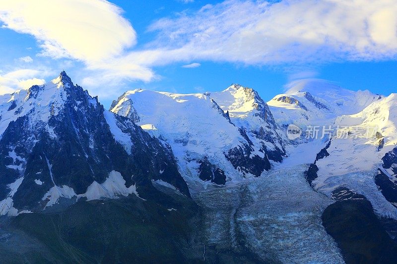 勃朗峰和Aiguille du Midi从Brevent，法国阿尔卑斯山